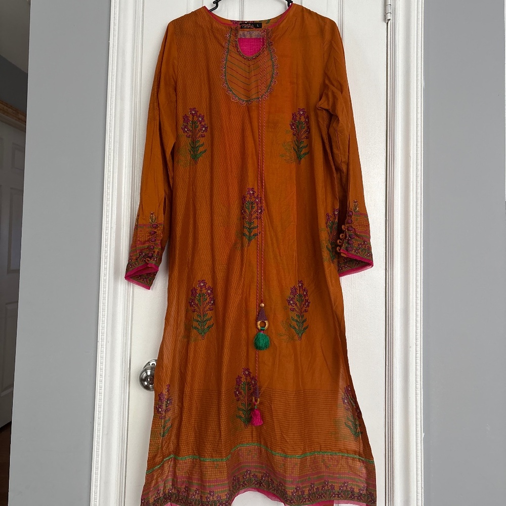 L/XL orange pink long shalwar kameez suit set desi women